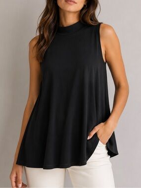 Acemi Mock Neck Sleeveless Tunic Top Stretchy Flowy Black Medium